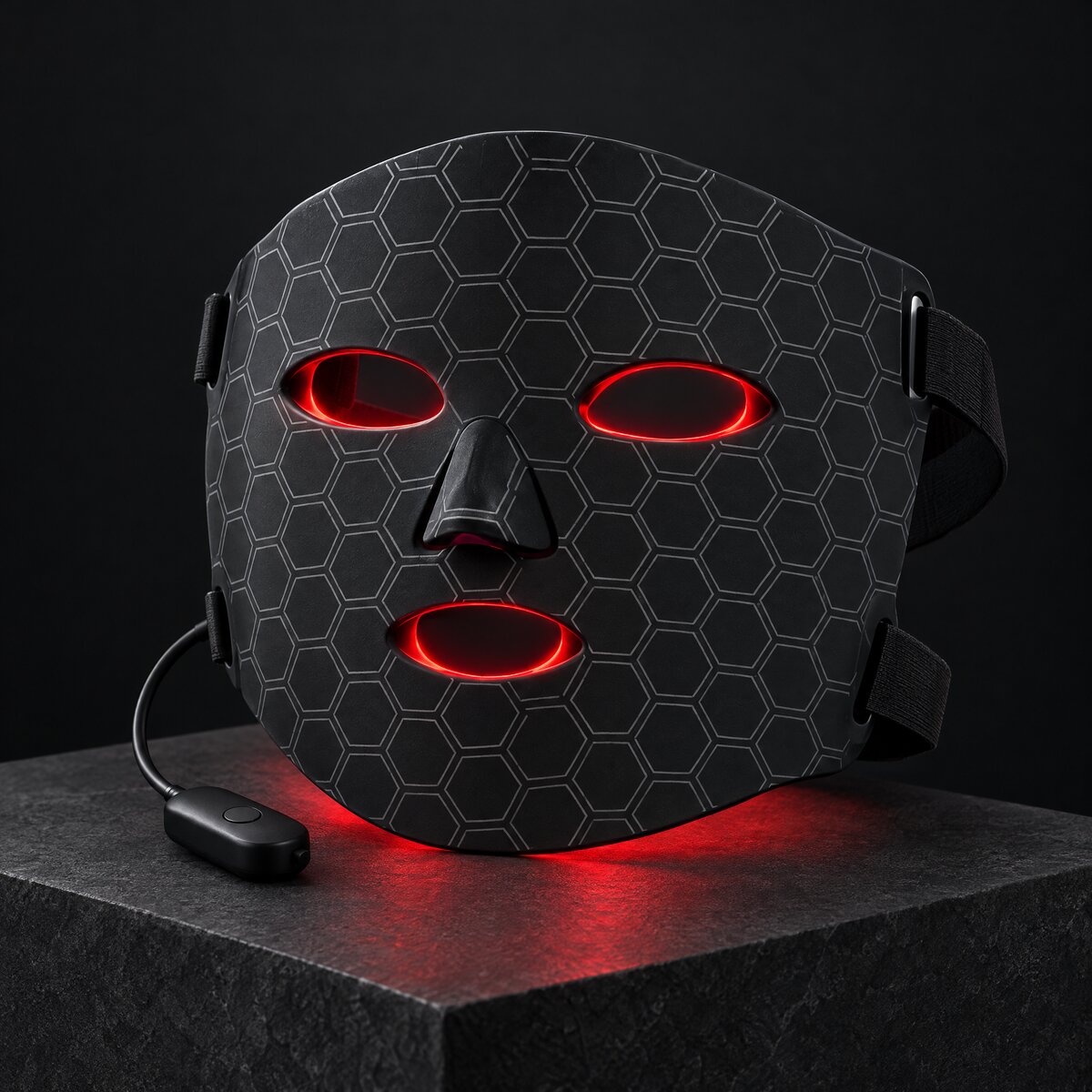 Mog Mask glowing red on a charcoal plinth